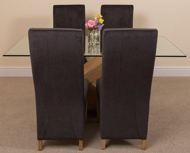 Valencia Oak Small Glass Dining Table & 4 Lola Black Fabric Chairs