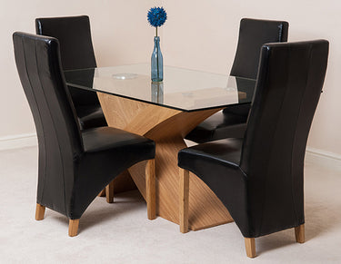 Valencia Oak Small Glass Dining Table & 4 Lola Black Leather Chairs