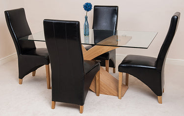 Valencia Oak Small Glass Dining Table & 4 Lola Black Leather Chairs