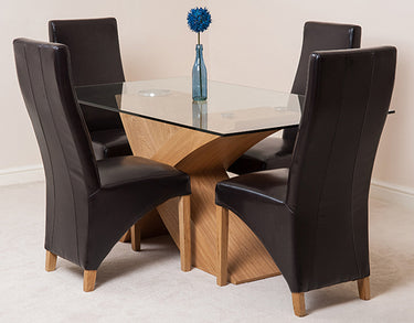 Valencia Oak Small Glass Dining Table & 4 Lola Brown Leather Chairs