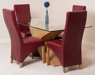 Valencia Oak Small Glass Dining Table & 4 Lola Burgundy Leather Chairs