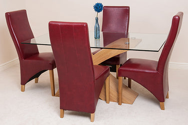 Valencia Oak Small Glass Dining Table & 4 Lola Burgundy Leather Chairs