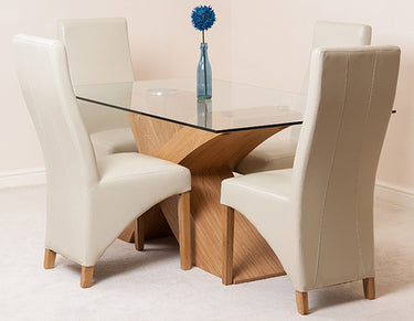 Valencia Oak Small Glass Dining Table & 4 Lola Ivory Leather Chairs