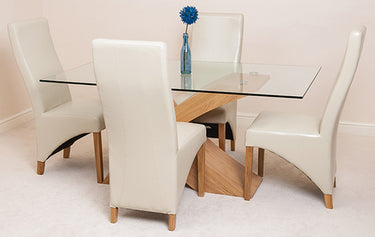 Valencia Oak Small Glass Dining Table & 4 Lola Ivory Leather Chairs