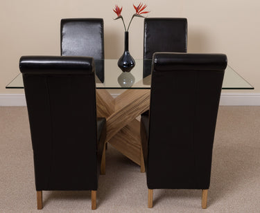Valencia Oak Small Glass Dining Table & 4 Montana Black Leather Chairs