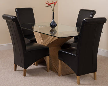 Valencia Oak Small Glass Dining Table & 4 Montana Black Leather Chairs