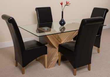 Valencia Oak Small Glass Dining Table & 4 Montana Black Leather Chairs