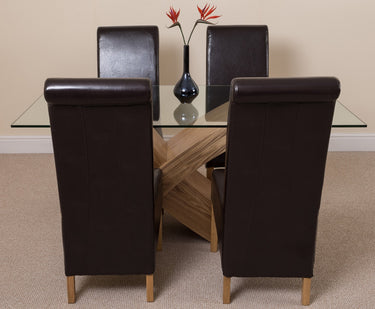 Valencia Oak Small Glass Dining Table & 4 Montana Brown Leather Chairs