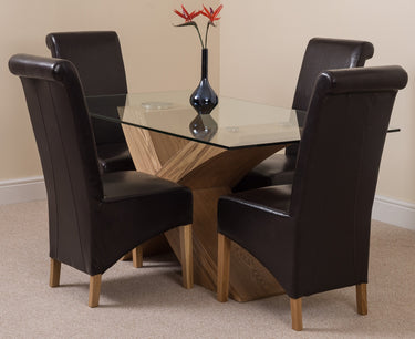 Valencia Oak Small Glass Dining Table & 4 Montana Brown Leather Chairs