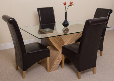 Valencia Oak Small Glass Dining Table & 4 Montana Brown Leather Chairs
