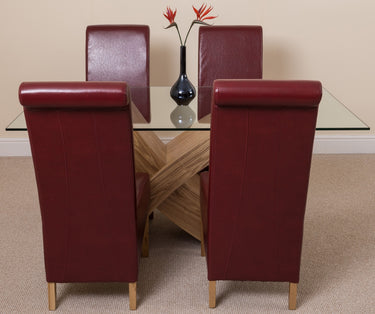 Valencia Oak Small Glass Dining Table & 4 Montana Burgundy Leather Chairs