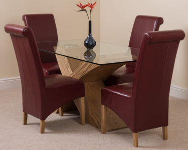 Valencia Oak Small Glass Dining Table & 4 Montana Burgundy Leather Chairs