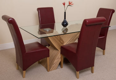 Valencia Oak Small Glass Dining Table & 4 Montana Burgundy Leather Chairs