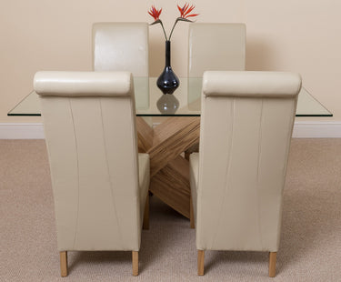Valencia Oak Small Glass Dining Table & 4 Montana Ivory Leather Chairs