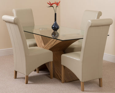 Valencia Oak Small Glass Dining Table & 4 Montana Ivory Leather Chairs