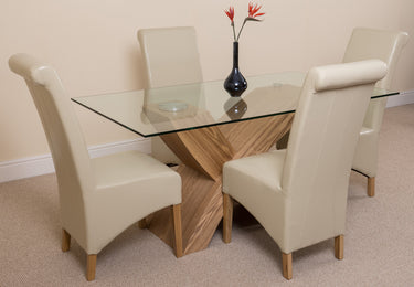 Valencia Oak Small Glass Dining Table & 4 Montana Ivory Leather Chairs