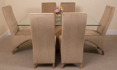 Valencia Oak Small Glass Dining Table & 6 Lola Beige Fabric Chairs