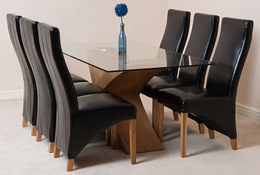 Valencia Oak Small Glass Dining Table & 6 Lola Black Leather Chairs