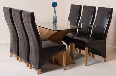 Valencia Oak Small Glass Dining Table & 6 Lola Brown Leather Chairs