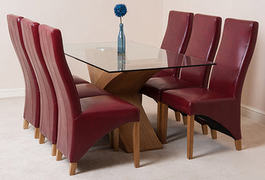 Valencia Oak Small Glass Dining Table & 6 Lola Burgundy Leather Chairs