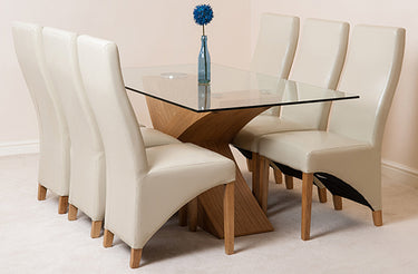 Valencia Oak Small Glass Dining Table & 6 Lola Ivory Leather Chairs