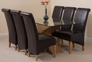 Valencia Oak Small Glass Dining Table & 6 Montana Brown Leather Chairs
