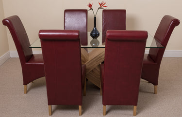 Valencia Oak Small Glass Dining Table & 6 Montana Burgundy Leather Chairs