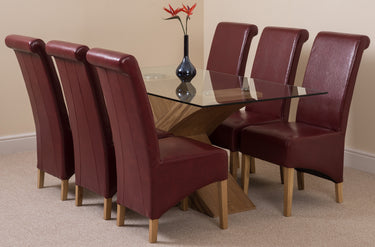 Valencia Oak Small Glass Dining Table & 6 Montana Burgundy Leather Chairs