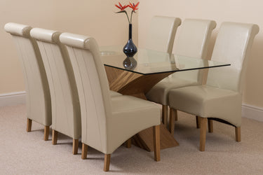 Valencia Oak Small Glass Dining Table & 6 Montana Ivory Leather Chairs