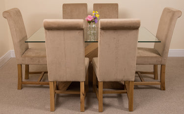 Valencia Oak Small Glass Dining Table & 6 Washington Beige Fabric Chairs