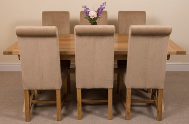Vermont Cross Leg Oak Extending Dining Table with 6 Washington Beige Fabric Chairs
