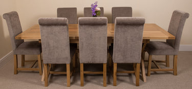 Vermont Cross Leg Oak Extending Dining Table with 8 Washington Grey Fabric Chairs