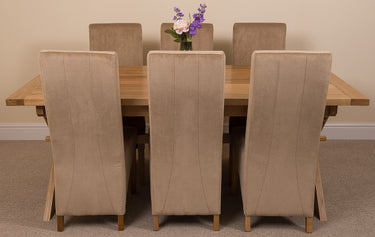 Vermont Cross Leg Oak Extending Dining Table with 6 Lola Beige Fabric Chairs