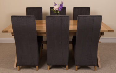 Vermont Cross Leg Oak Extending Dining Table with 6 Lola Black Fabric Chairs