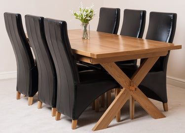Vermont Cross Leg Oak Extending Dining Table with 6 Lola Black Leather Chairs