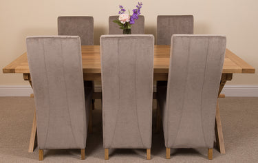 Vermont Cross Leg Oak Extending Dining Table with 6 Lola Grey Fabric Chairs