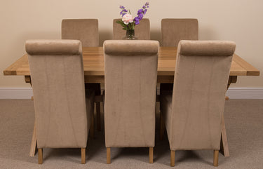 Vermont Cross Leg Oak Extending Dining Table with 6 Montana Beige Fabric Chairs