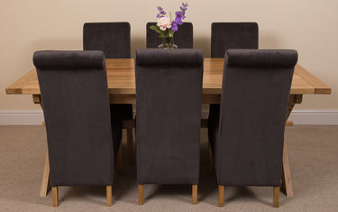 Vermont Cross Leg Oak Extending Dining Table with 6 Montana Black Fabric Chairs