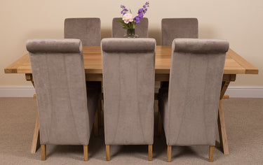 Vermont Cross Leg Oak Extending Dining Table with 6 Montana Grey Fabric Chairs