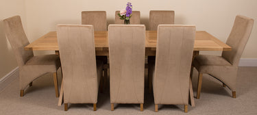 Vermont Cross Leg Oak Extending Dining Table with 8 Lola Beige Fabric Chairs