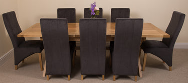 Vermont Cross Leg Oak Extending Dining Table with 8 Lola Black Fabric Chairs