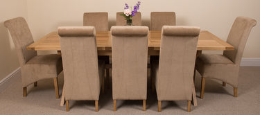 Vermont Cross Leg Oak Extending Dining Table with 8 Montana Beige Fabric Chairs