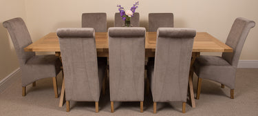 Vermont Cross Leg Oak Extending Dining Table with 8 Montana Grey Fabric Chairs