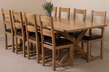 Vermont Cross Leg Oak Extending Dining Table with 8 Lincoln Oak Chairs
