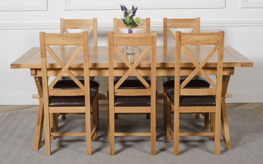 Vermont Cross Leg Oak Extending Dining Table with 6 Berkeley Oak and Brown Leather Chairs