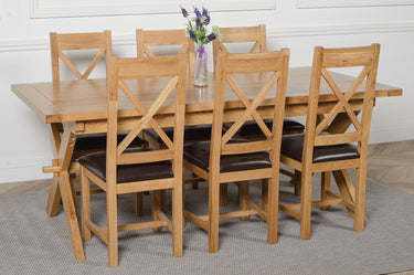 Vermont Cross Leg Oak Extending Dining Table with 6 Berkeley Oak and Brown Leather Chairs