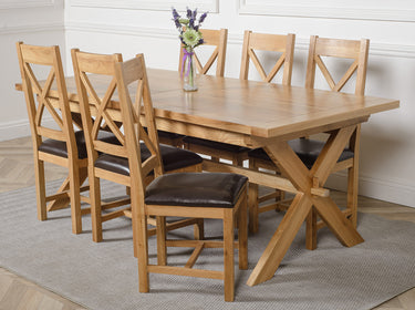 Vermont Cross Leg Oak Extending Dining Table with 6 Berkeley Oak and Brown Leather Chairs