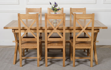 Vermont Cross Leg Oak Extending Dining Table with 6 Berkeley Oak Chairs
