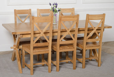 Vermont Cross Leg Oak Extending Dining Table with 6 Berkeley Oak Chairs