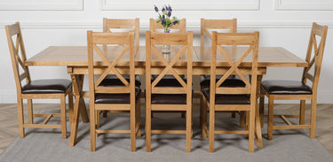 Vermont Cross Leg Oak Extending Dining Table with 8 Berkeley Oak and Brown Leather Chairs